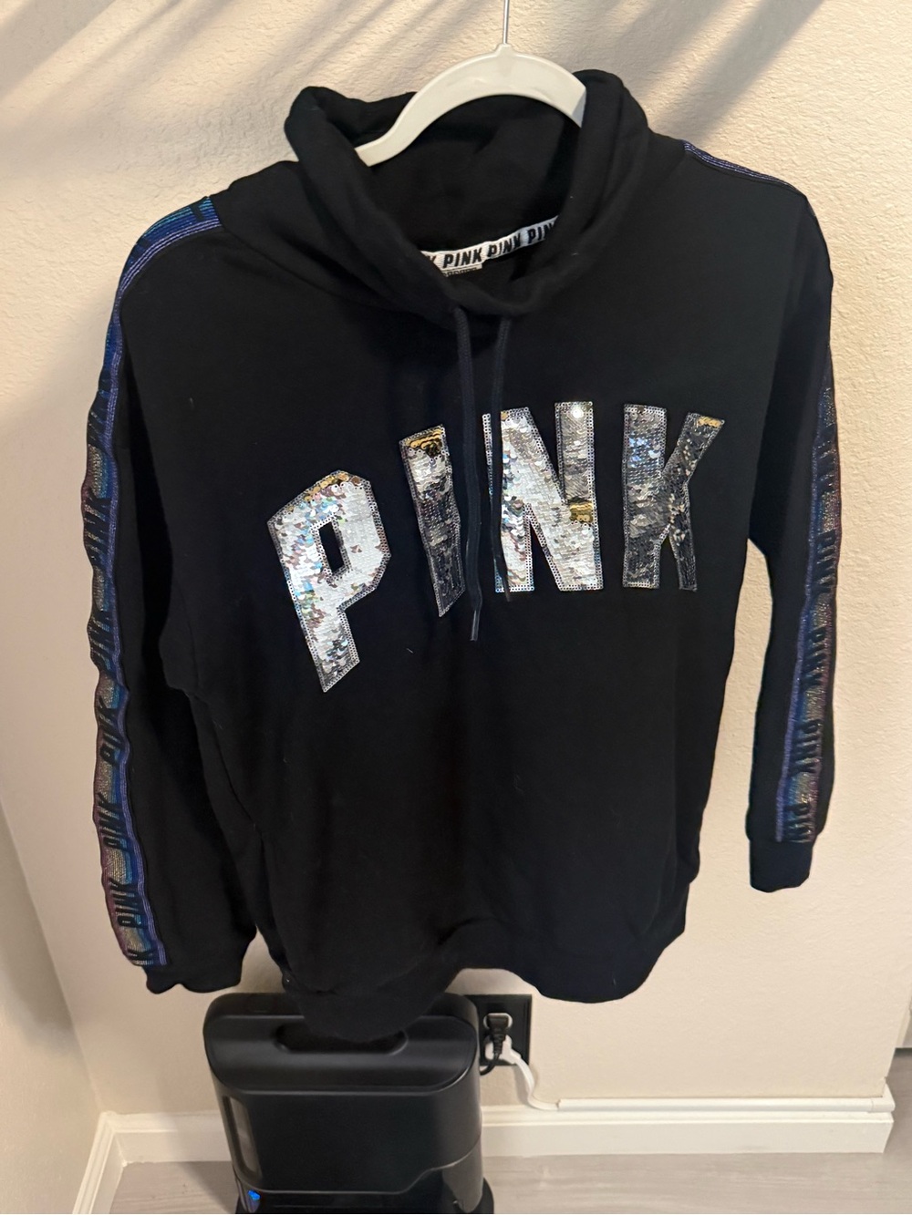 PINK Victoria’s Secret Black Sequin Logo Cowl Neck Sweatshirt - Size XS